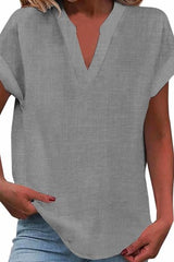 Solid Color Short Sleeved V-neck Slub Linen Blend Shirt