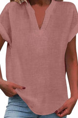Solid Color Short Sleeved V-neck Slub Linen Blend Shirt