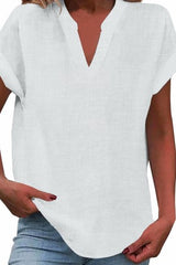 Solid Color Short Sleeved V-neck Slub Linen Blend Shirt