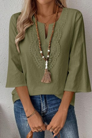 Bohemian Style Linen Blend Lace 3/4 Sleeved Shirt
