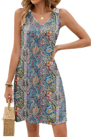 Back Lace V-neck Print Sleeveless Dress