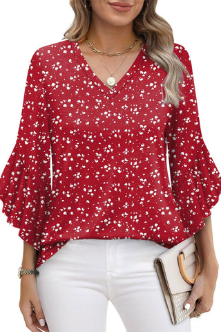 Printed V-neck Ruffled 3/4 Sleeve Top