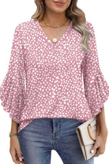 Printed V-neck Ruffled 3/4 Sleeve Top