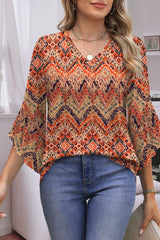 Printed V-neck Ruffled 3/4 Sleeve Top