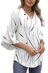 Printed V-neck Ruffled 3/4 Sleeve Top