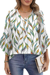 Printed V-neck Ruffled 3/4 Sleeve Top