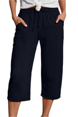Cotton And Linen Pleated Pocket Cropped Pants