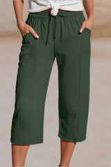 Cotton And Linen Pleated Pocket Cropped Pants