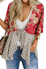Print V Neck Lace Up Chiffon Kimono