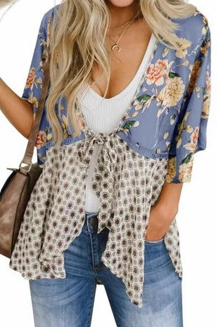 Print V Neck Lace Up Chiffon Kimono