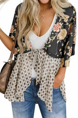 Print V Neck Lace Up Chiffon Kimono