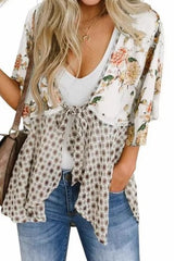 Print V Neck Lace Up Chiffon Kimono