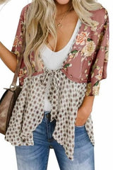 Print V Neck Lace Up Chiffon Kimono
