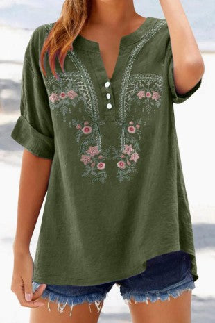 Embroidered V Neck Shirt