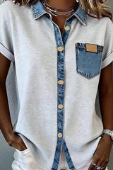 Denim Pocket and Collar Button Up Top