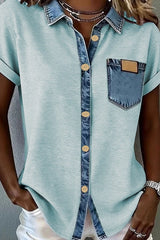 Denim Pocket and Collar Button Up Top