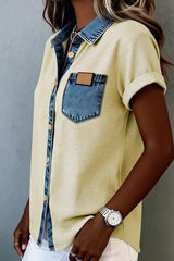 Denim Pocket and Collar Button Up Top
