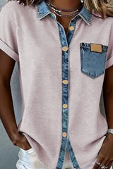 Denim Pocket and Collar Button Up Top