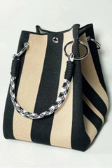 Striped Pattern Rope Handles Metal Ring Boho Style Handbag