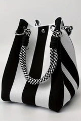 Striped Pattern Rope Handles Metal Ring Boho Style Handbag