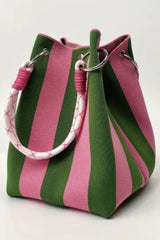 Striped Pattern Rope Handles Metal Ring Boho Style Handbag