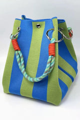 Striped Pattern Rope Handles Metal Ring Boho Style Handbag