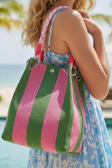 Striped Pattern Rope Handles Metal Ring Boho Style Handbag
