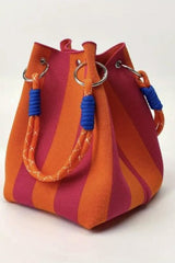 Striped Pattern Rope Handles Metal Ring Boho Style Handbag