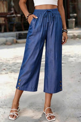 Elastic Waist Wide Leg Cropped Pants