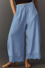 Elastic Waisted Lace Hem Wide Leg Pants