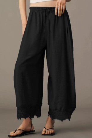 Elastic Waisted Lace Hem Wide Leg Pants