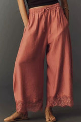 Elastic Waisted Lace Hem Wide Leg Pants