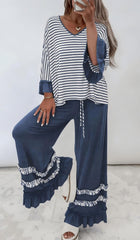 V Neck Ruffle Contrast Sleeve Drawstring Pants 2pcs Set