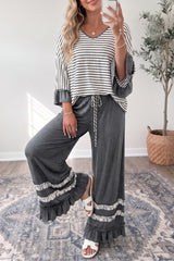 V Neck Ruffle Contrast Sleeve Drawstring Pants 2pcs Set