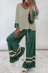 V Neck Ruffle Contrast Sleeve Drawstring Pants 2pcs Set