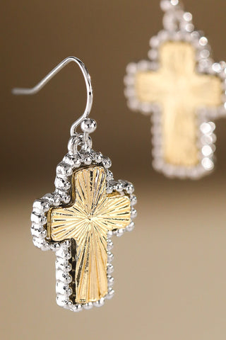 Two-tone Radiant Cross Drop Earrings