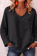 V-neck Fringe Solid Color Casual Long Sleeved Shirt