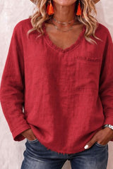 V-neck Fringe Solid Color Casual Long Sleeved Shirt