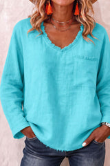 V-neck Fringe Solid Color Casual Long Sleeved Shirt