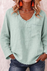 V-neck Fringe Solid Color Casual Long Sleeved Shirt