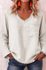V-neck Fringe Solid Color Casual Long Sleeved Shirt
