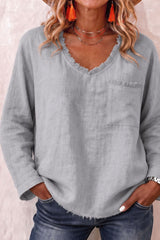 V-neck Fringe Solid Color Casual Long Sleeved Shirt