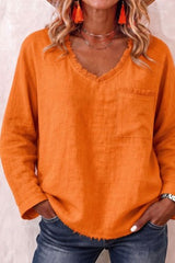 V-neck Fringe Solid Color Casual Long Sleeved Shirt
