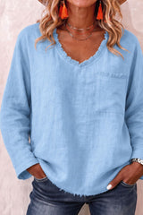 V-neck Fringe Solid Color Casual Long Sleeved Shirt
