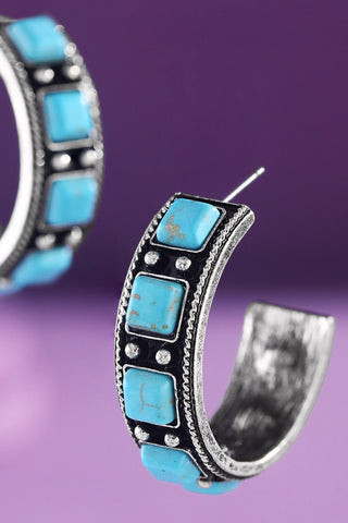 Western Textured Semi Stone Hoop Earring