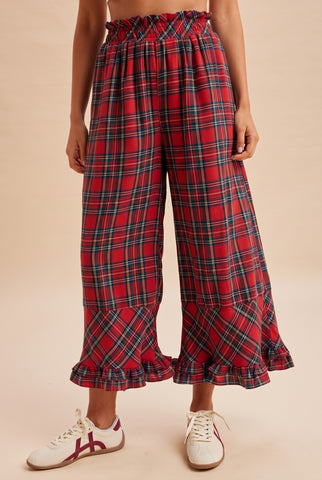 Christmas Check Flannel Wide Leg Ruffle Pants
