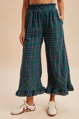 Christmas Check Flannel Wide Leg Ruffle Pants