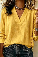 V-neck Loose Button Cotton Linen Solid Top