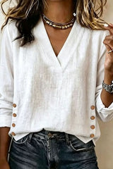 V-neck Loose Button Cotton Linen Solid Top