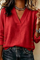 V-neck Loose Button Cotton Linen Solid Top